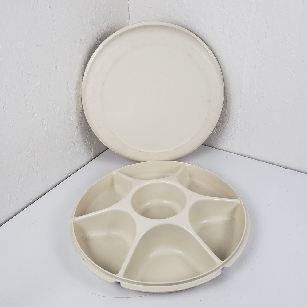 Vintage Tupperware Divided Snack Veggie Tray Party Platter With Lid Almond Beige